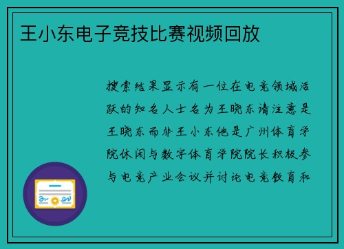 王小东电子竞技比赛视频回放